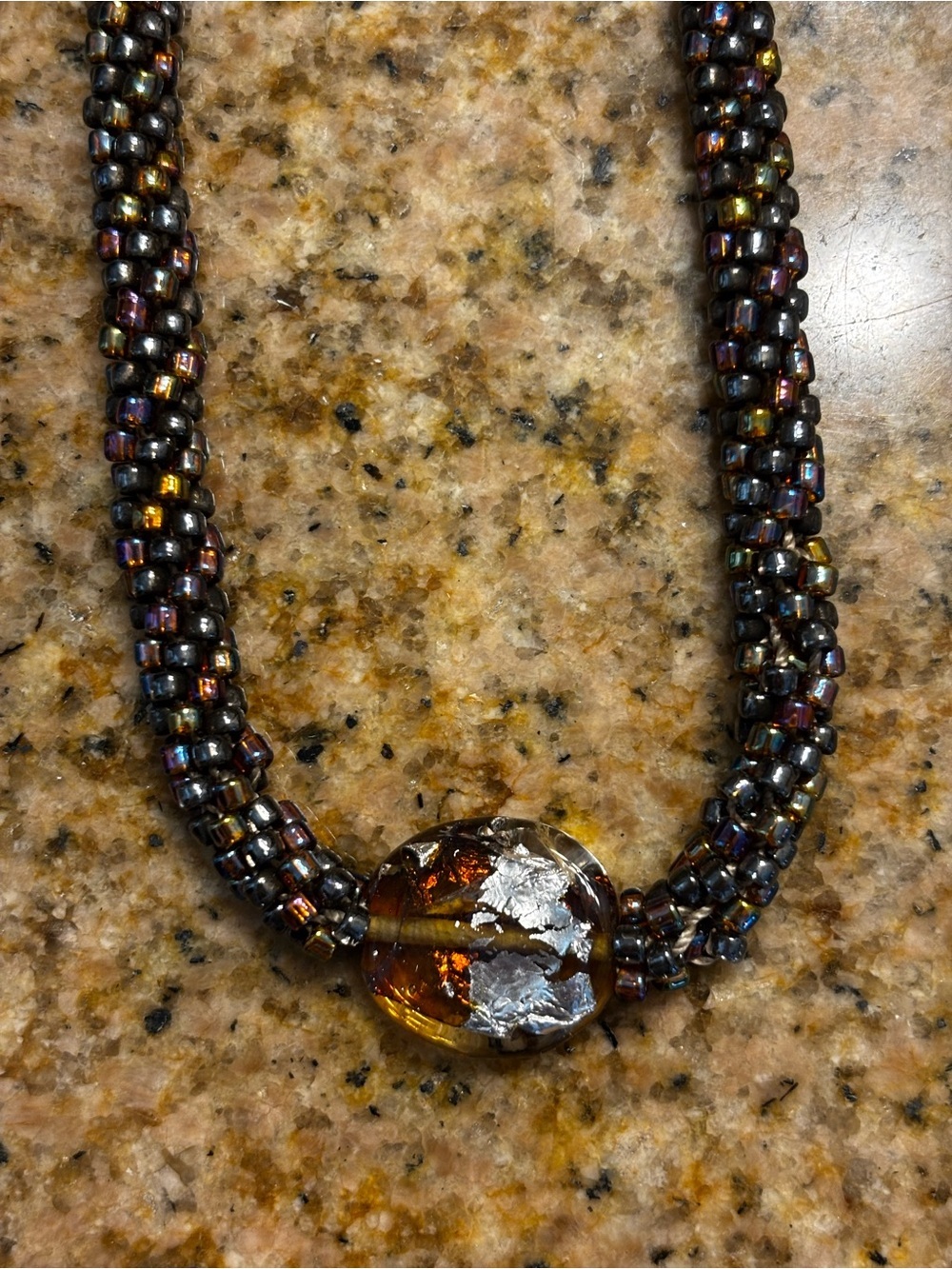 Handcrafted Brown Glass Bead Necklace with Amber Focal Pendant